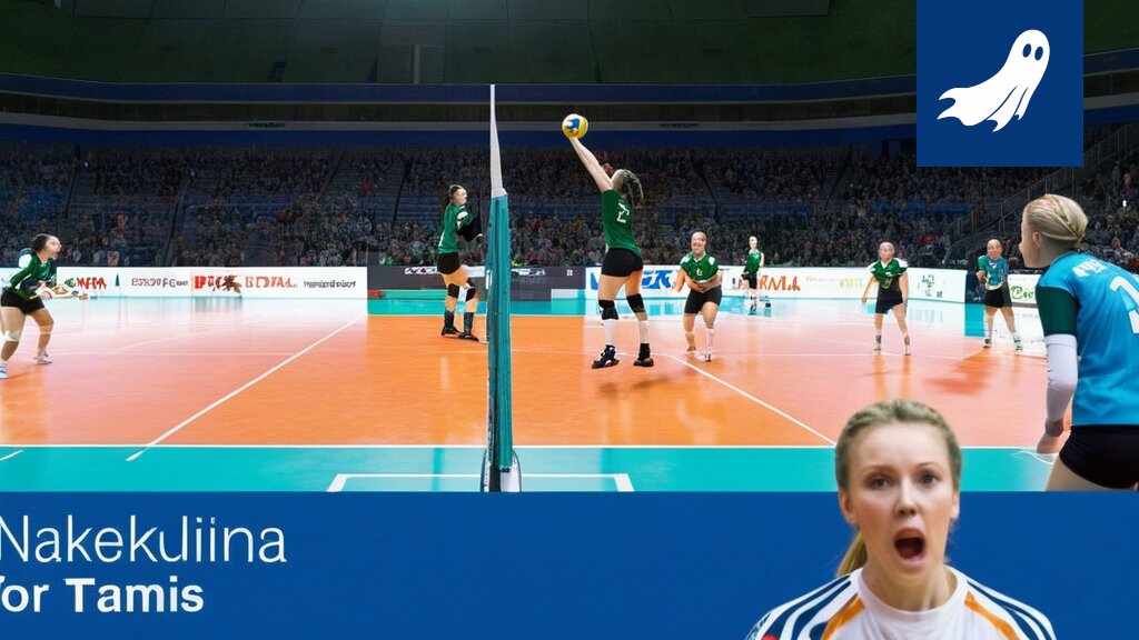 Nokia Areena Tampereella, jossa tekoäly analysoi lentopallopelin taktiikoita ja yleisön reaktioita.