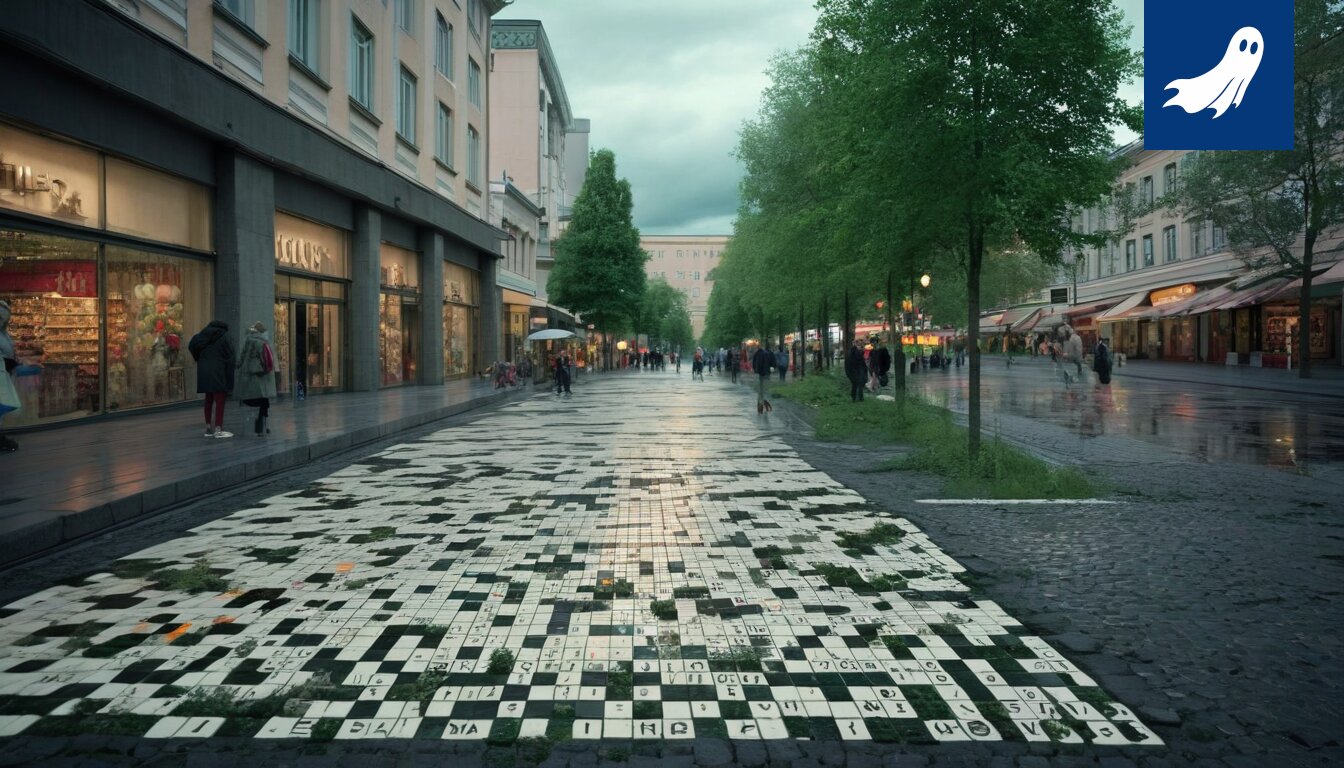Sarjakuvamainen kuva kadonneista vintage-laukkuista, jotka leijuvat portaalin yläpuolella Tampereen kaupungin yllä.