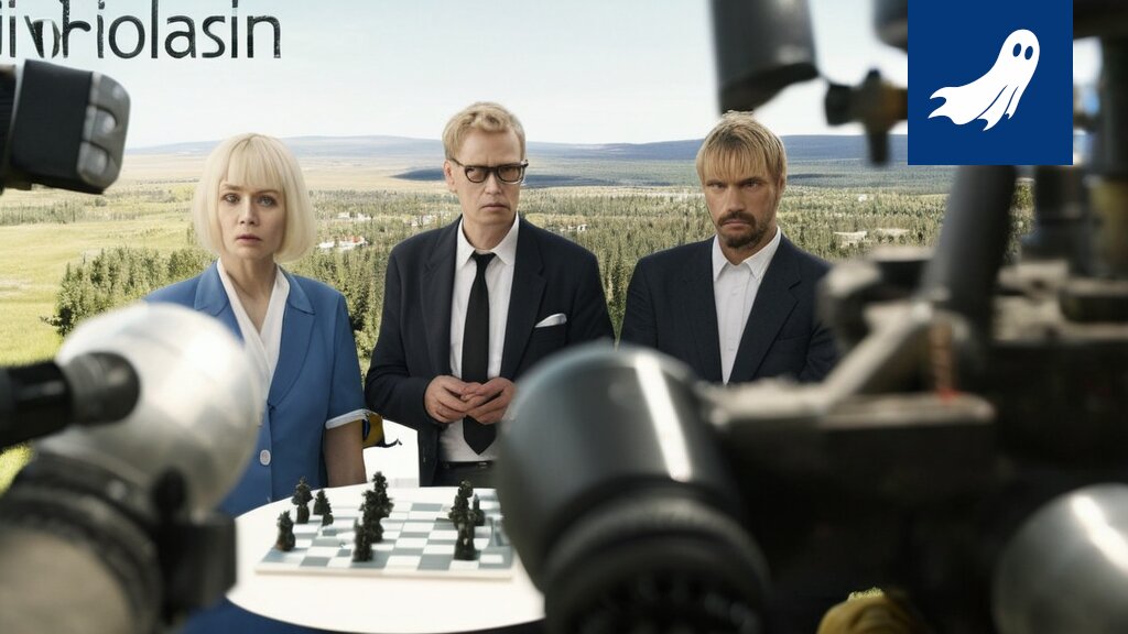Sarjakuvamainen kuva Muhoksen kunnantalosta, jonka yllä leijuu Googlen logo ja robottipartioita valvontatehtävissä.