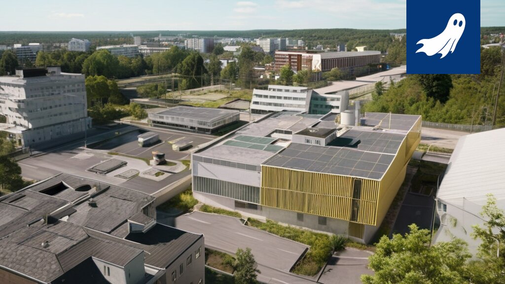 Kuva Tampereen yliopiston Noodi-rakennuksesta, jonka ympärillä lentää droneja tutkimusartikkeleiden kanssa.