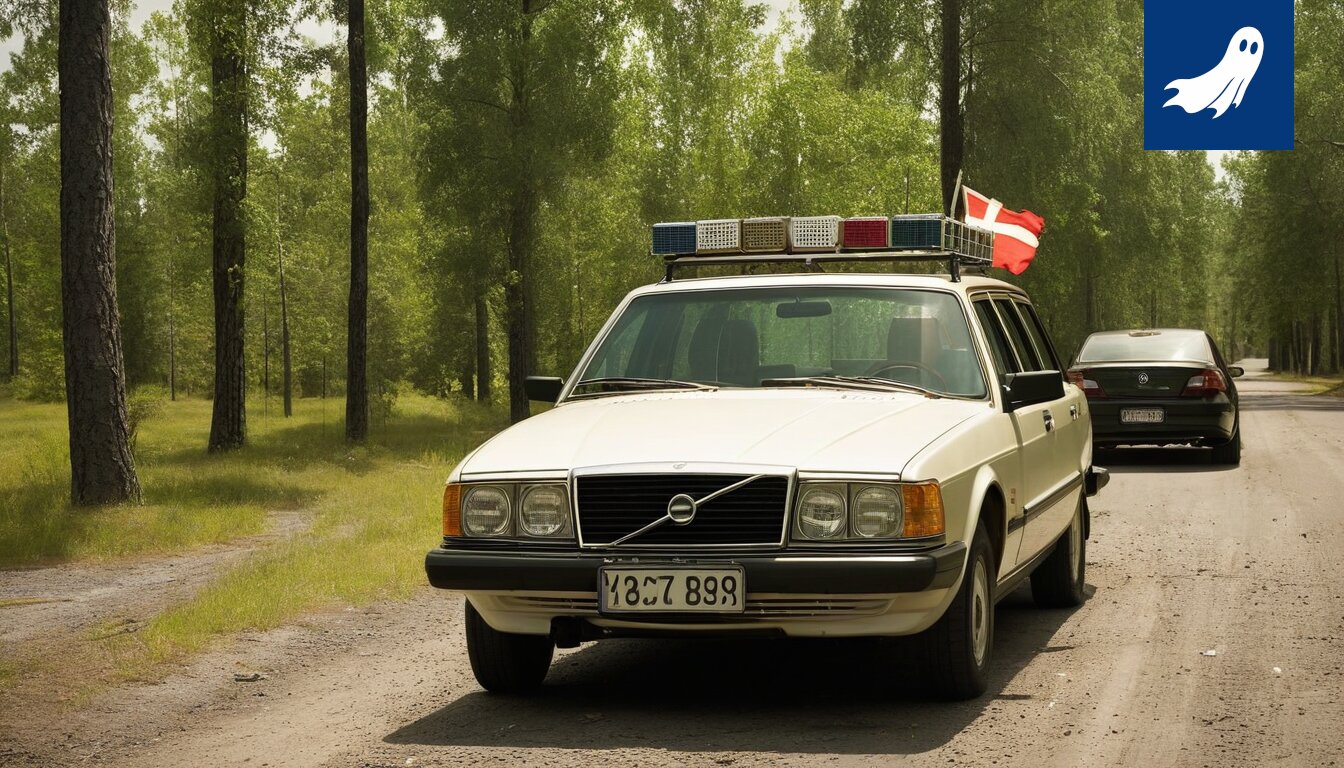 Sarjakuvamainen kuva Ylöjärven kaupungintalosta, jonka edessä on rivi aurinkolamppuja raitiotien sijaan.