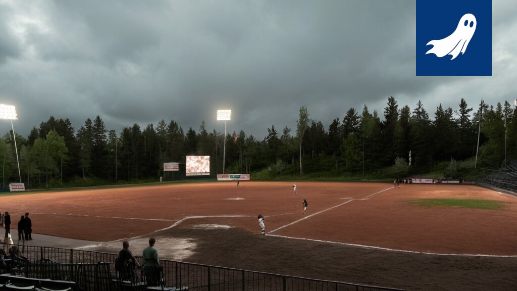 Robotti lyö pesäpallon Kaupin stadionilla, symboloiden urheilun ja teknologian yhdistymistä.