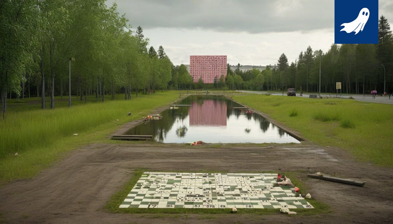 Sarjakuvamainen kuva Kämmenniemen kylästä, jossa pesäpallostadion uhkaa lampea ja sen asukkaita.