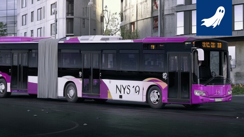 Satiirinen kuva Ylöjärven suunnittelemasta Plusbussi-teemapuistosta, jossa digitaaliset bussit liikkuvat Tampereen keskustassa.