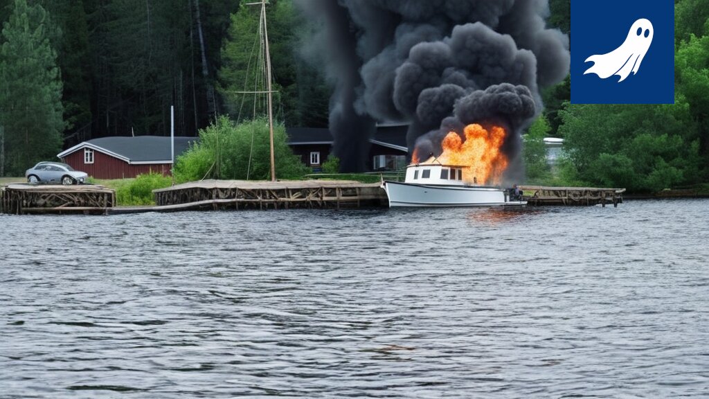 Palaava vene Edenin rannassa Nokialla, satiirisen uutisartikkelin kuvitus.