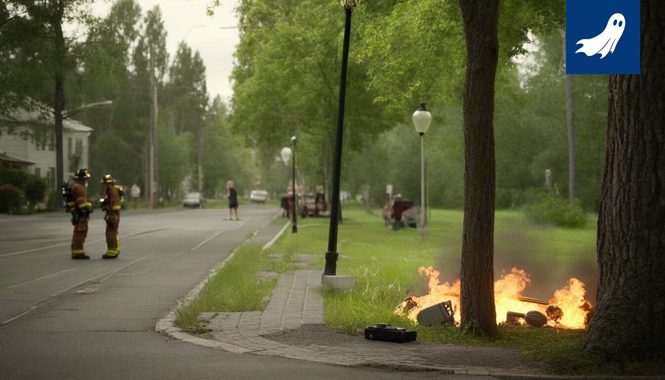 Nuori poika sytyttää pienen tulipalon ulkona, taustalla palokunta ja huolestuneita sivullisia.