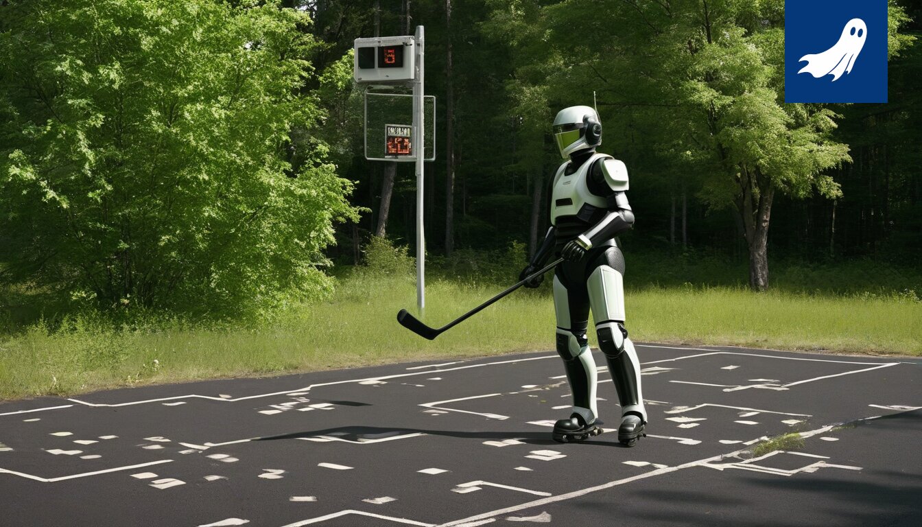 Robocop jääkiekko-ottelussa, valvomassa taklauksia tiukalla otteella.