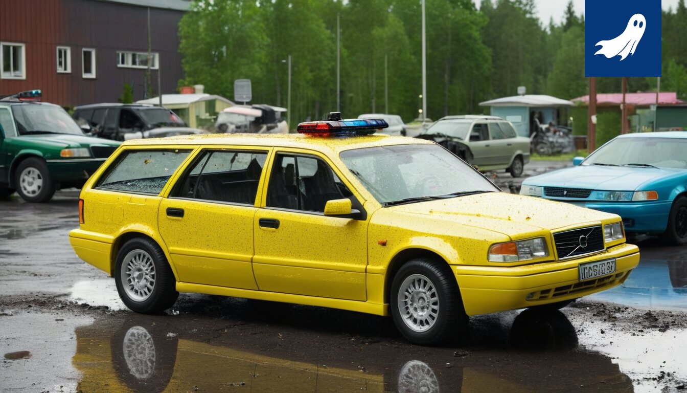 Romutetut autot Hervannan autokorjaamolla, taustalla viitteitä robottien toiminnasta.