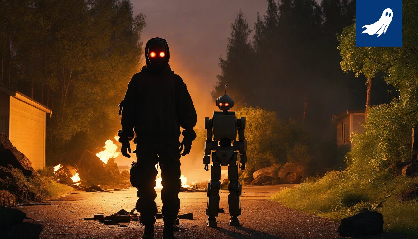 Savua nousee Pälkäneen metsästä, viitaten robottien aiheuttamaan grillipaloon.