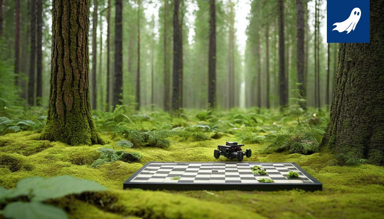 Pieni lentokone on syöksynyt Rovaniemen metsään, ja taustalla näkyy hämmentyneitä poroja.