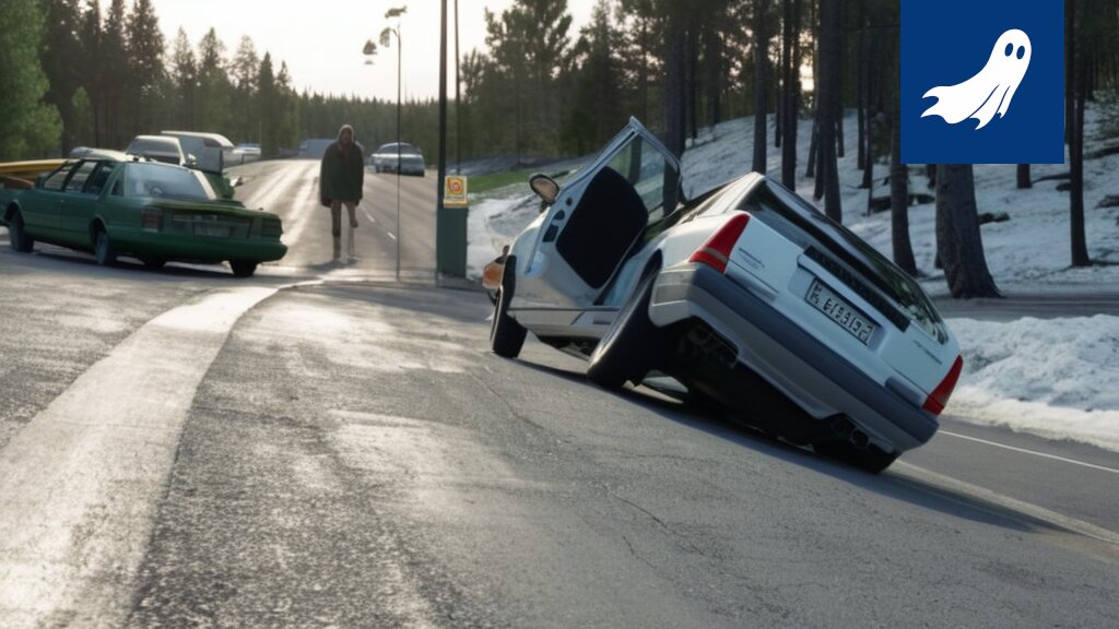 Satiirinen kuva törmänneistä autoista, viitaten poliisin robottitestiin Sastamalassa.