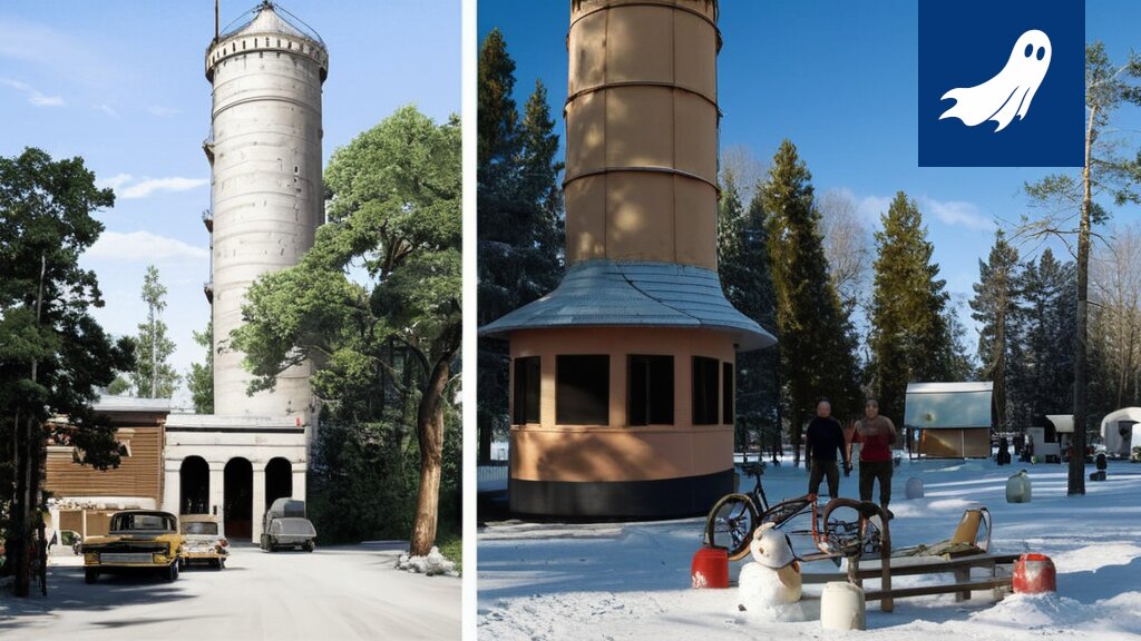 Sarjakuvamainen kuva Tampereen keskustasta, jossa näkyy digitaalisia häiriöitä ja kaivinkoneita.