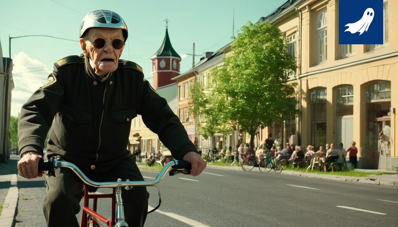 Kuva vanhasta miehestä pyöräilemässä Tampereen kaupungissa, mahdollisesti alumiinifoliokypärä päässä.