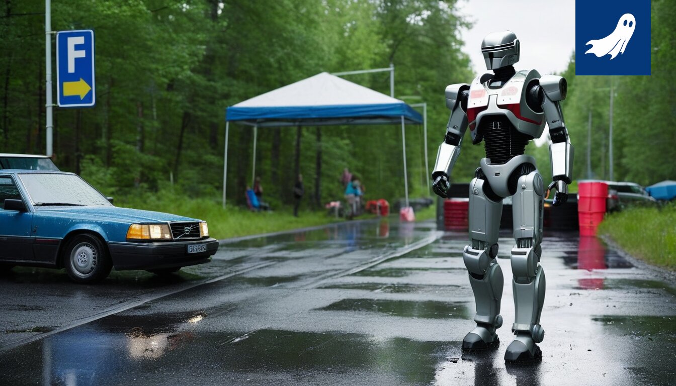 Robocop ja Kansaragebot seisovat Koukkujärventien kuoppien edessä, taustalla Profitobotin rakennusajoneuvo.