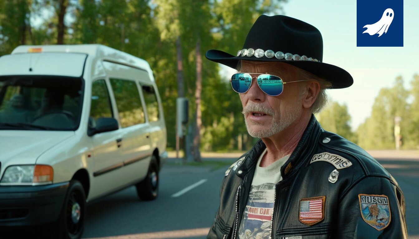 Vaaleansininen Harley-Davidson-moottoripyörä ajaa Tampereen kaduilla, symboloiden datan keruuta ja mainonnan optimointia.