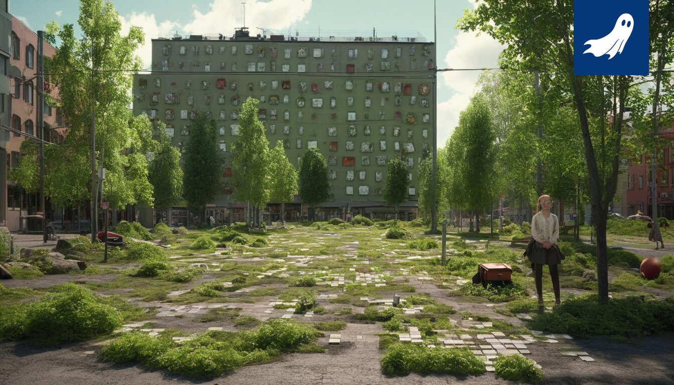 Satiirinen kuva Tampereen kaupungista, jossa kadut muuttuvat pikseleiksi ja rakennukset kirjaimiksi.