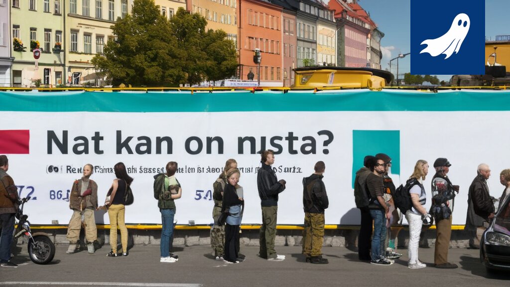 Sarjakuvamainen kuva robottipartiosta ohjaamassa ruotsalaista äänestysjonoa, viitaten artikkelin satiiriseen sisältöön.