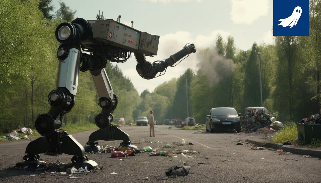 Kuva autonomisesta jättisäiliöstä Nokian tehtaalla, symboloiden maailman roskan keräämistä.