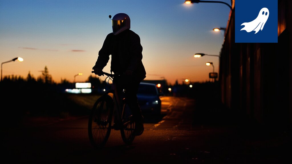 Robocop tarkastaa pyöräilijän valoja Tampereen katukuvassa, taustalla Rakennus-Korhonen Oy:n logo.