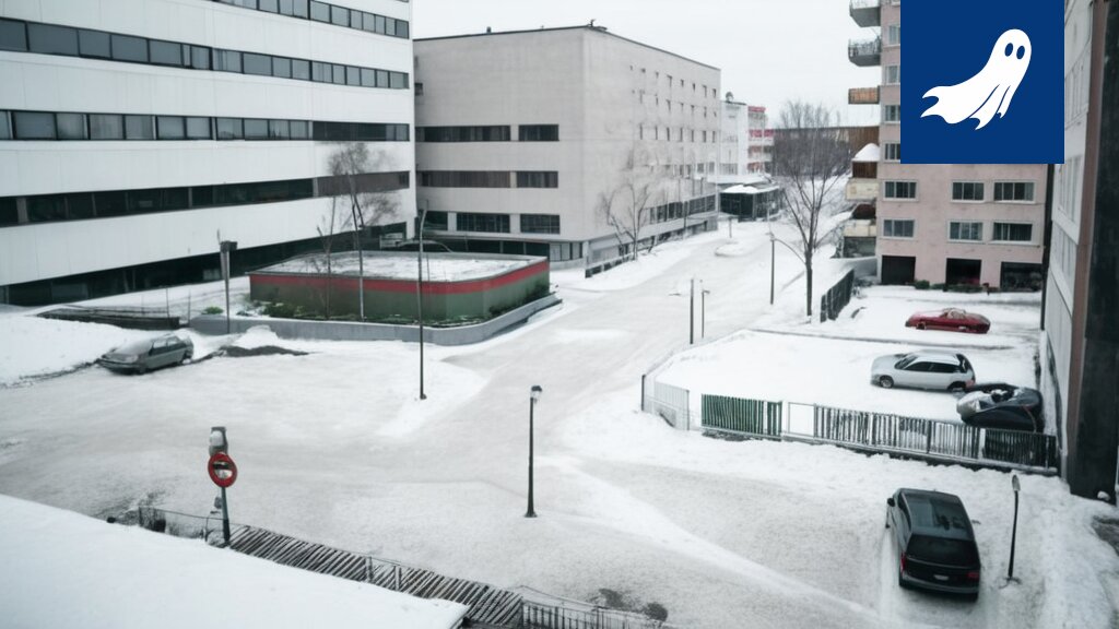 Sarjakuvamainen kuva liukastuneesta henkilöstä Tampereen katukivetyksellä, taustalla Santalahden rakennuksia.
