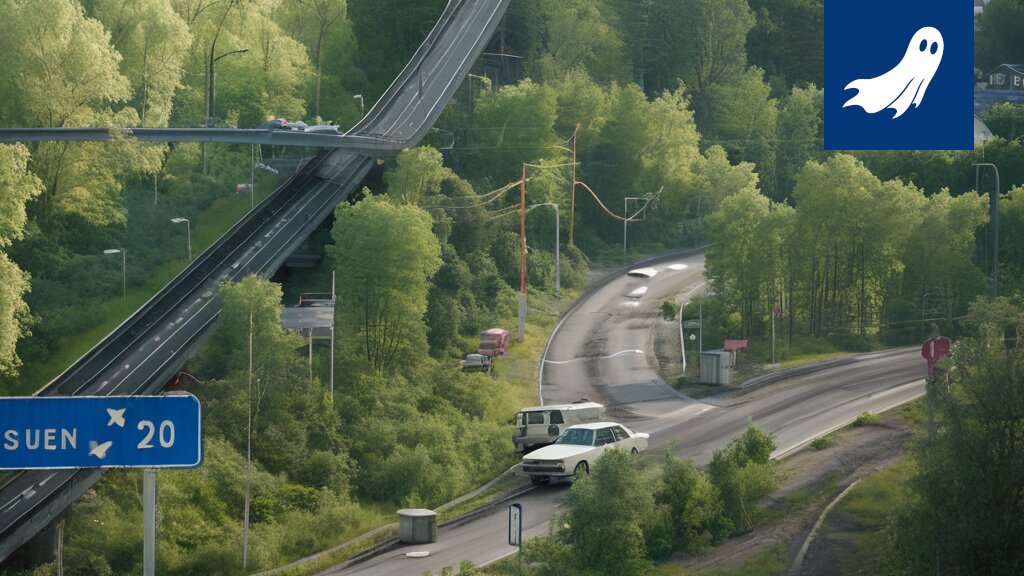 Vihersilta Tampereella, jonka päällä on suuri mainospinta, satiirinen kuva.