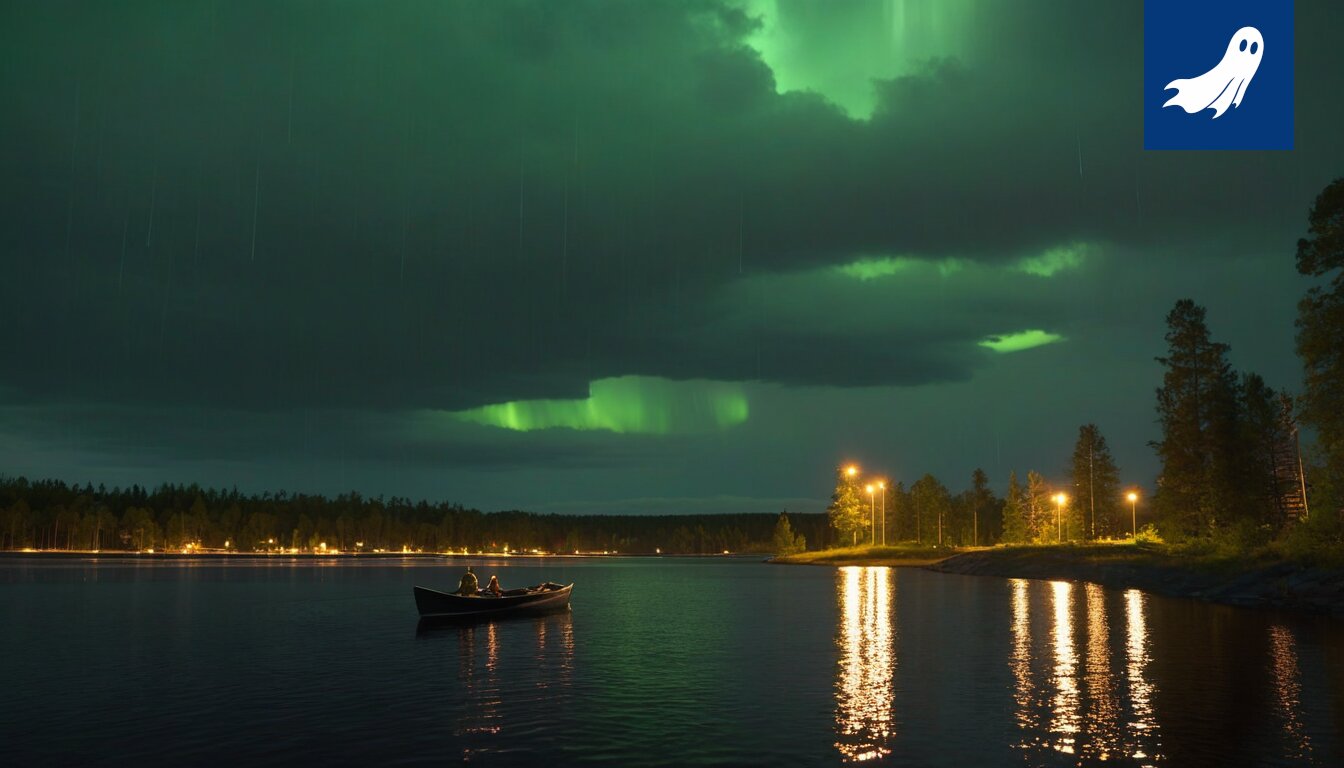 Näsijärven maisema Santalahden rannasta, vihjaten piilotettuun datakeskukseen järven pohjassa.