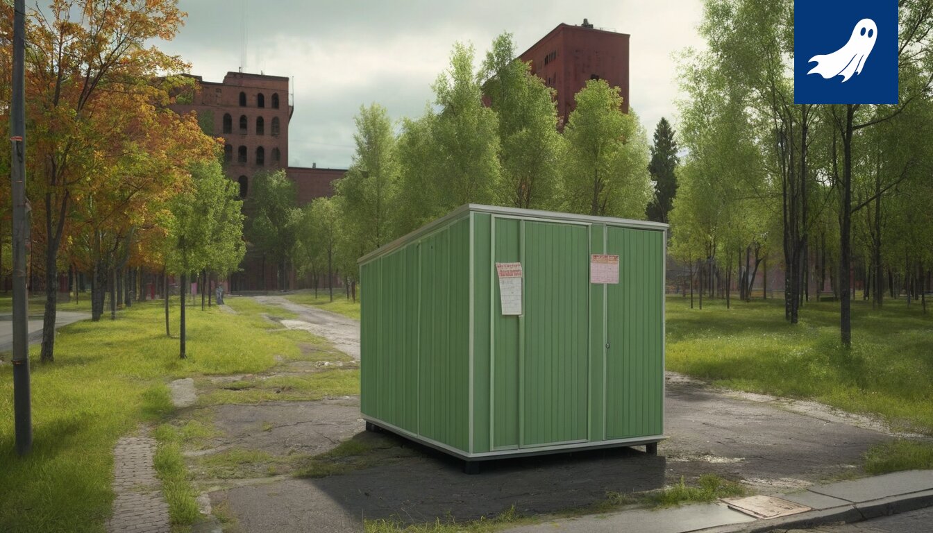 Naamioitu äänestyskoppi, joka näyttää vanhalta tehtaalta, symboloiden vaalien ja rakennusalan välistä yhteyttä.