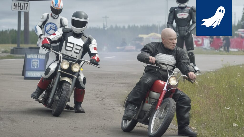 Robocop tarkastaa moottoripyörää Kaanaan Kahinoissa, taustalla uhkaava robottitrikki.