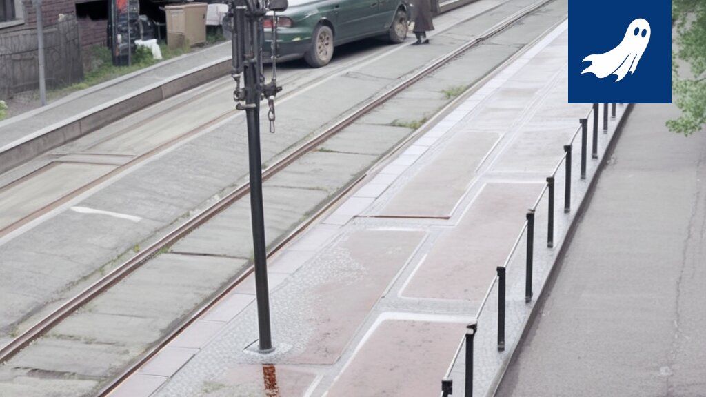 Sarjakuvamainen kuva Tampereen ratikasta, joka väistää tai tönäisee jotain esteettä radalla.