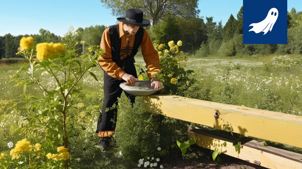 Satiirinen kuva vanhasta puutalosta, joka on esitetty biomassareaktorina, korostaen artikkelin humoristista näkökulmaa.