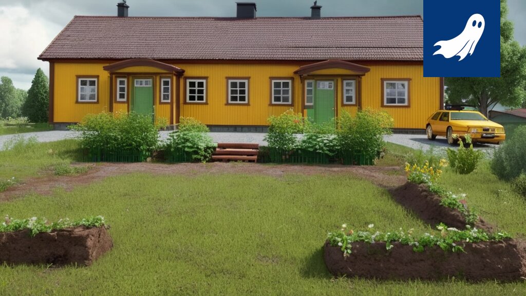Sarjakuvamainen kuva Hämeenkyrön kunnantalosta, jonka yläpuolella leijuu robotti, joka laskee veroja.