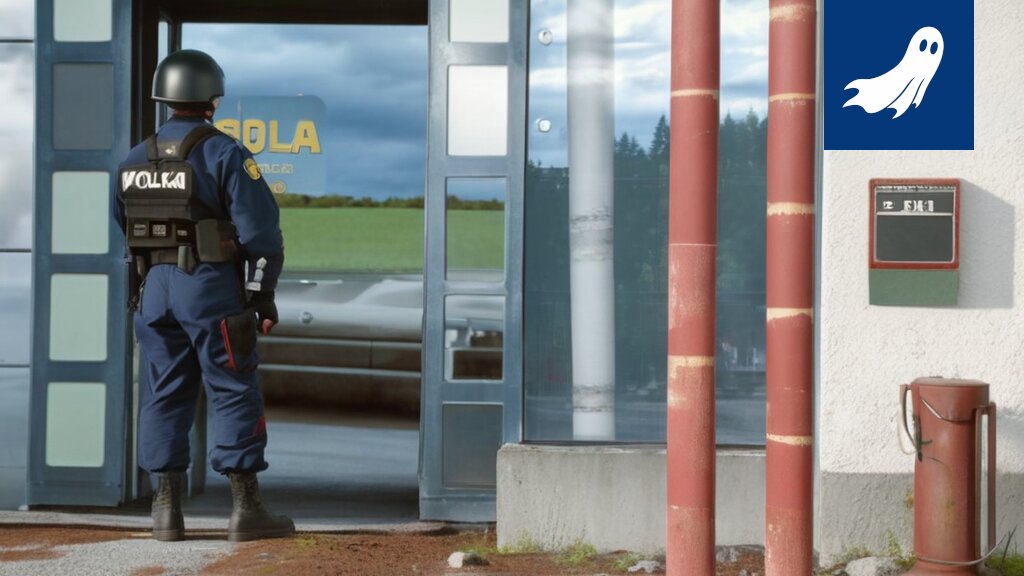 Robocop tarkastaa kryptovaluutalla toimivaa kahviautomaattia Kajaanin lentokentällä.