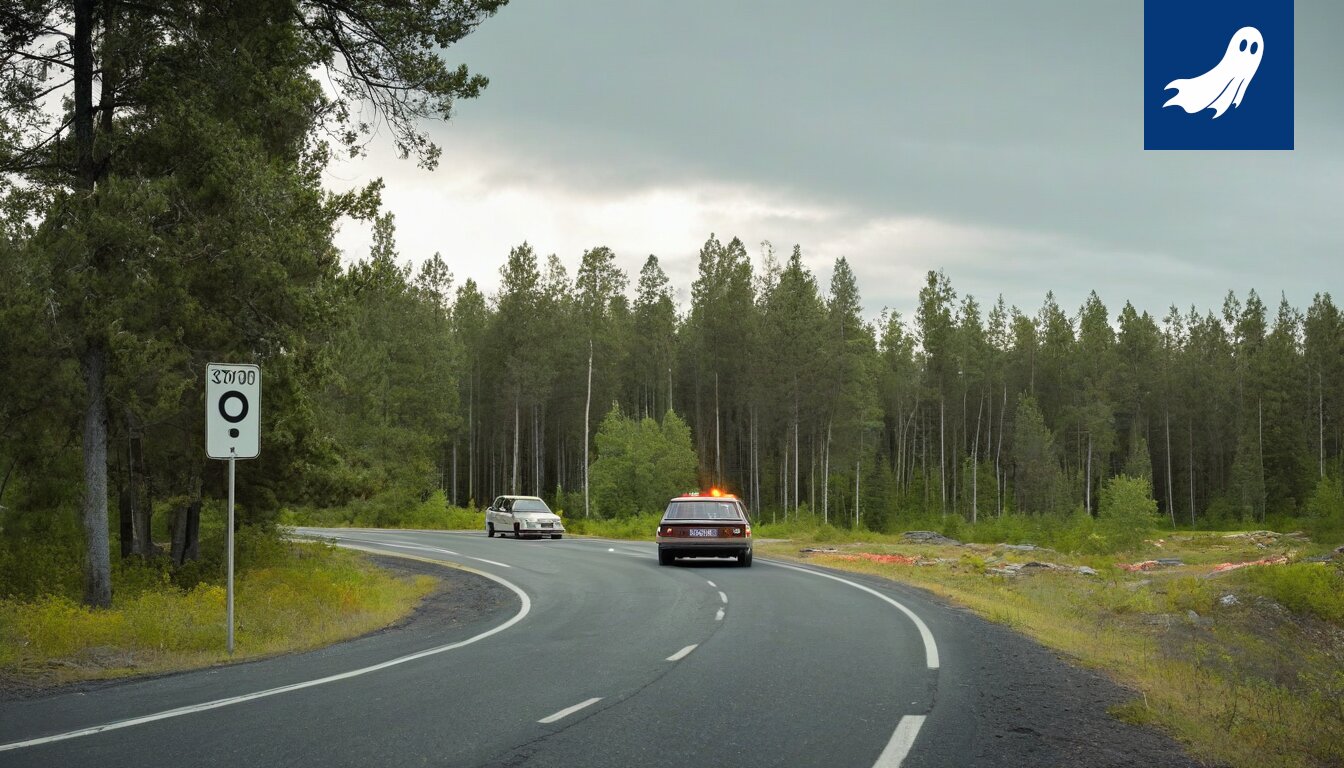 Liekehtivä auto Ikaalisten maantiellä, osa satiirista uutisartikkelia robottikokeilusta.
