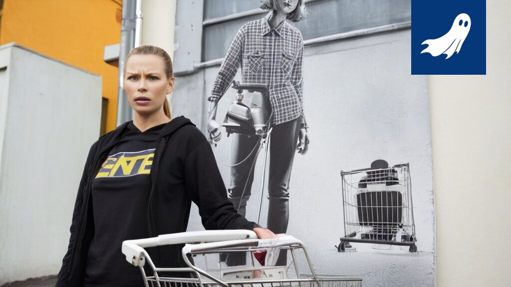 Kuva Lempäälän K-supermarketista, jossa näkyy hämmentynyt kuluttaja ja hymyilevä työntekijä, vihjaten salajuoneen.