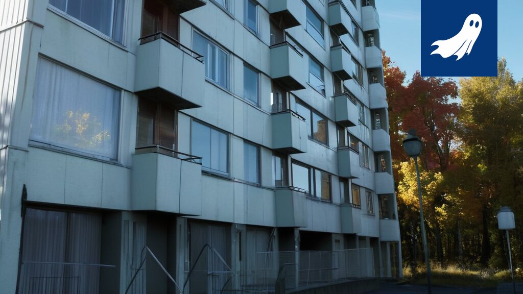 Sarjakuvamainen kuva robottikädellä varustetusta kerrostalosta, jossa asukkaat etsivät epätoivoisesti ovien kahvoja.