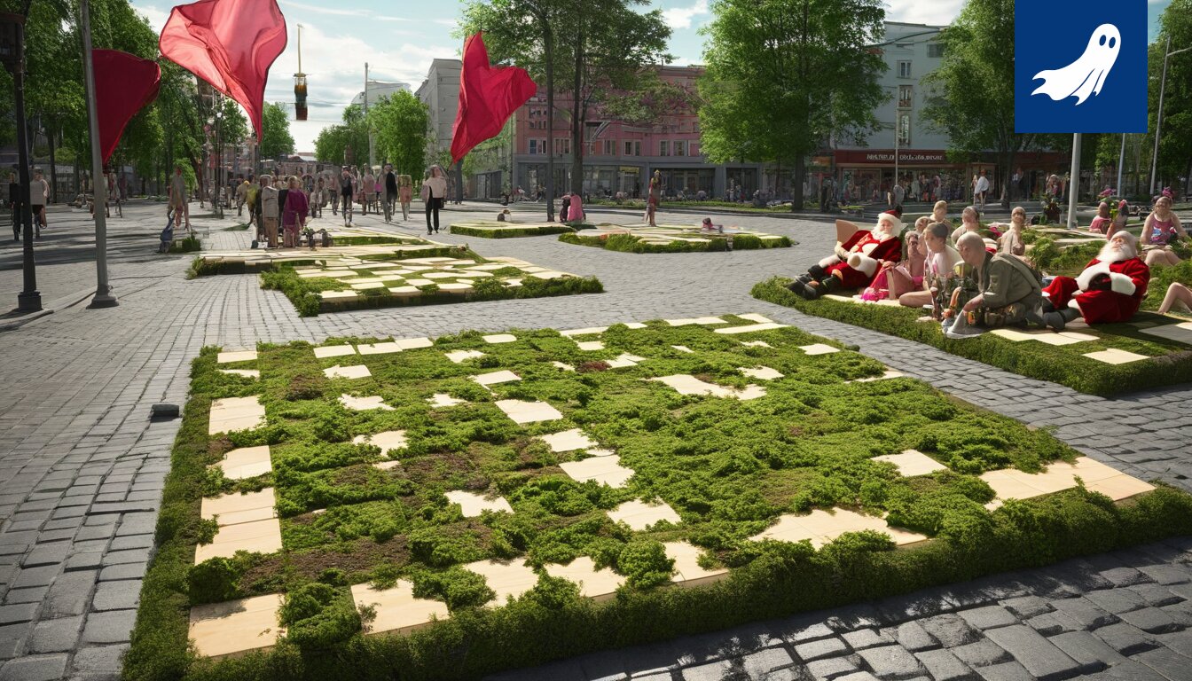 Satiirinen kuva Tampereen jouluparaatista, jossa vihjataan algoritmien vaikutukseen tapahtuman suunnittelussa.