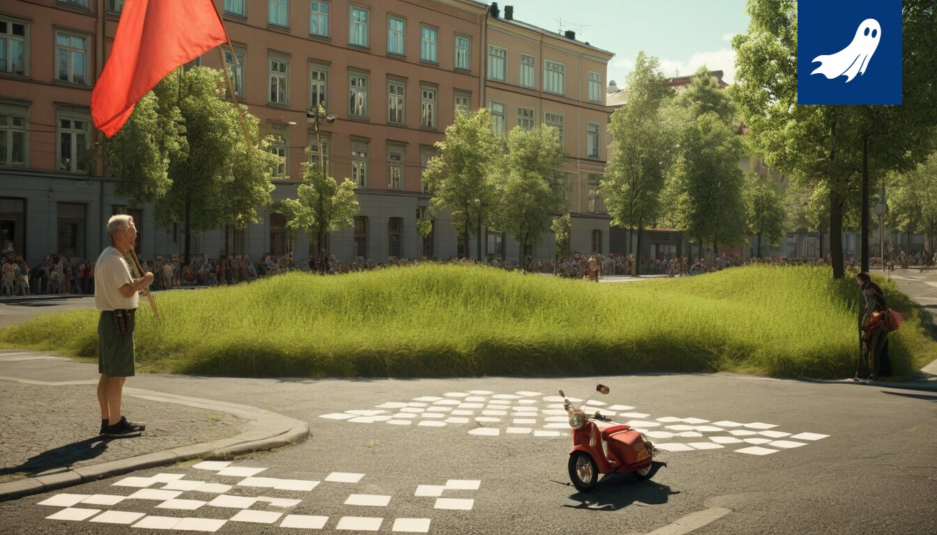 Nuori mopoilija poseeraa modernin mopon kanssa, taustalla hämmentynyt vanhempi.