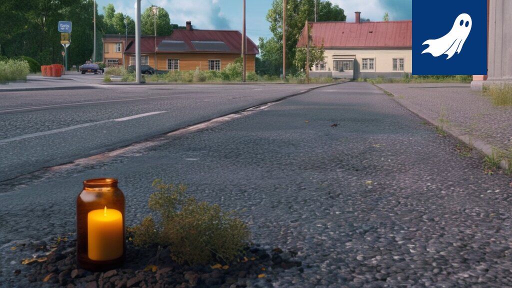 Robottivalvoja Pispalan valtatiellä, symboloiden liikenneturvallisuuden ja teknologian absurdiutta.