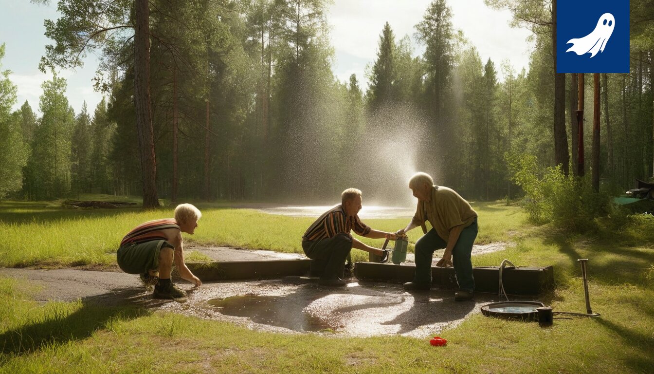 Räjähtänyt vesiputki symboloi vanhojen rakenteiden murtumista ja tarvetta uudelle vesihuoltojärjestelmälle.
