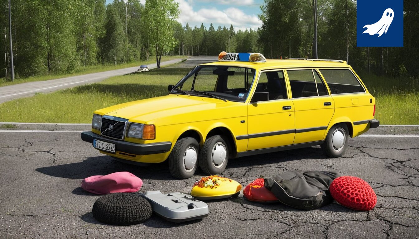 Reino Mäntynen yrittää epätoivoisesti kiinnittää istuinkorokkeen auton kattoon teipillä satiirisessa uutiskuvassa.