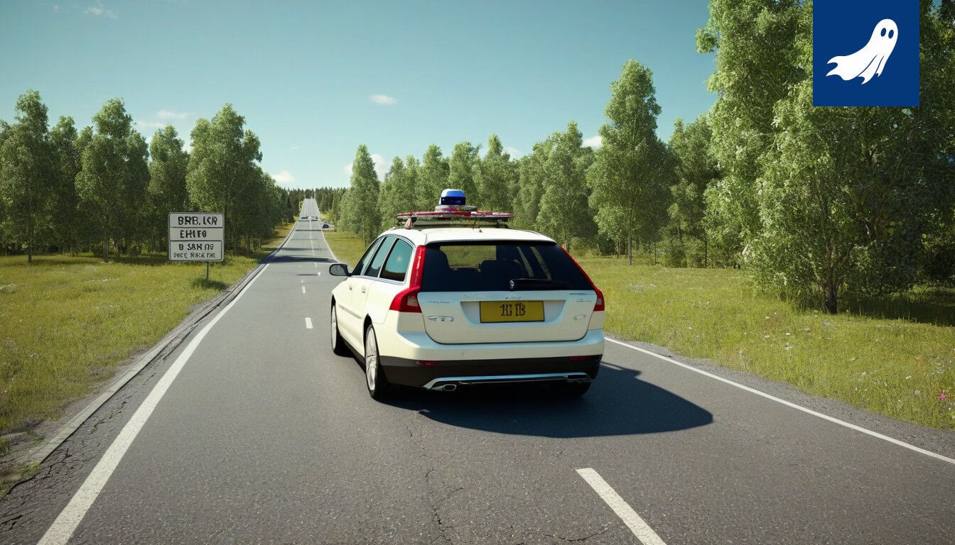 Sarjakuvamainen kuva Lempäälän mopoautoista rullaamassa moottoritietä kohti robottipoliisien seurassa.