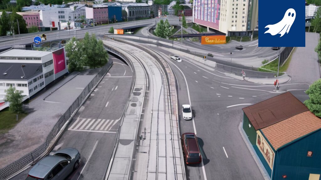 Härmälänojan silta, jonka ajokaistoilla näkyy projisoituja mainoksia ja jonka liikenne on kaoottista.