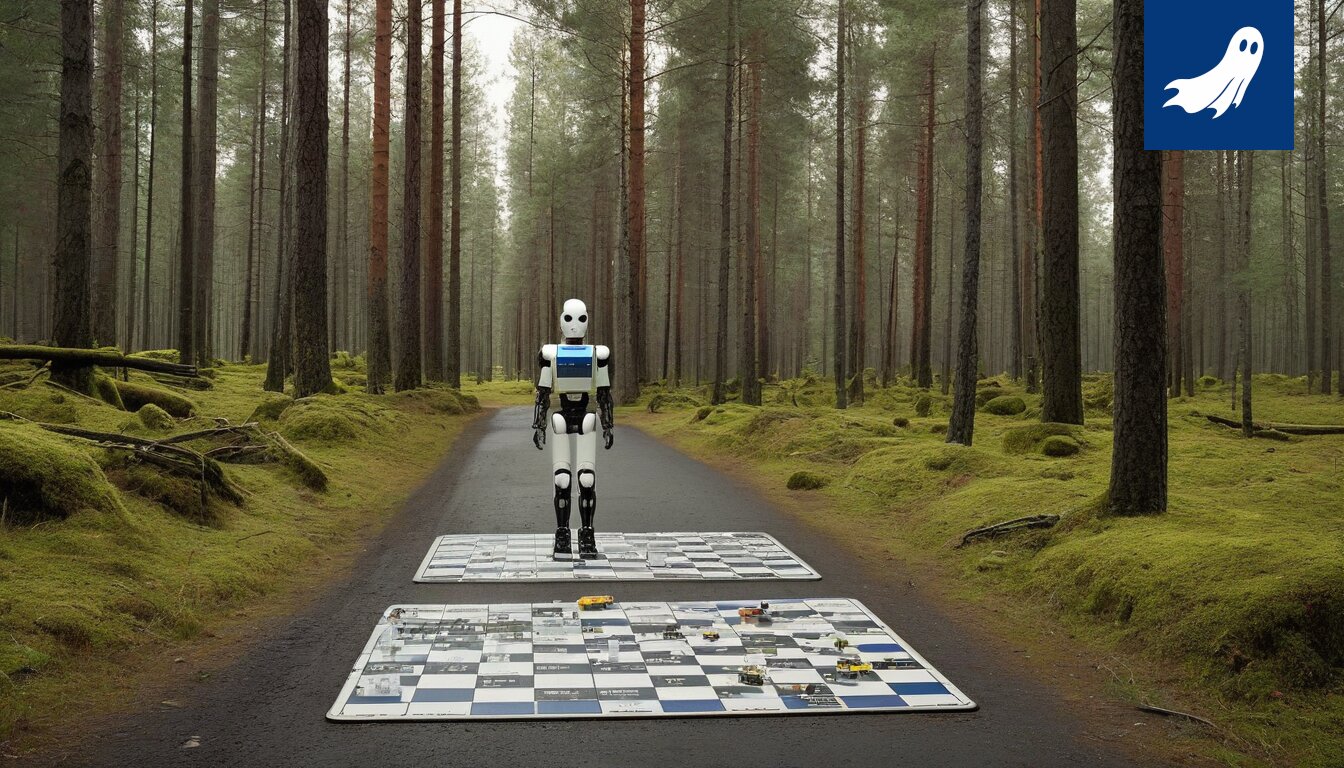 Robottipartio tarkkailee ihmisten tunnetiloja Nokian Koskenmäellä, satiirinen kuva.