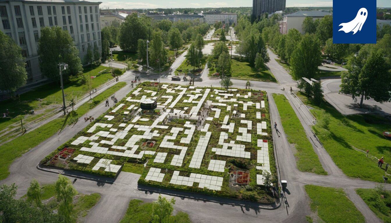 Sarjakuvamainen kuva valvontadronista, joka tarkkailee surullista oppilasta koulun pihalla.