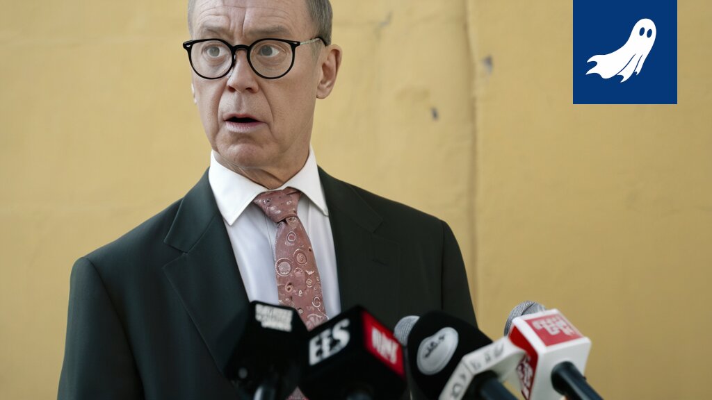 Robocop tarkkailee kansalaisia Tampereen katukuvassa, osa satiirista uutisartikkelia.