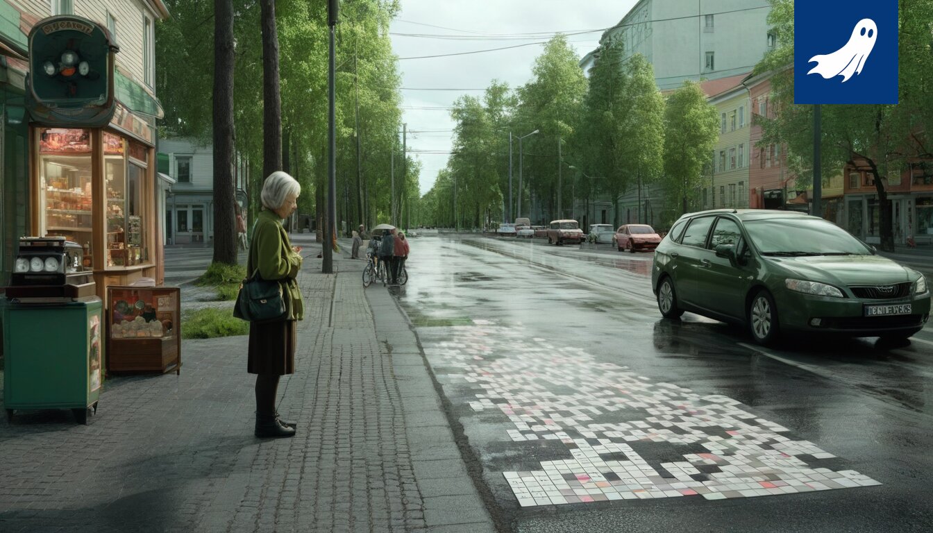 Satiirinen kuva Tampereen kahvilakulttuurin digitaalisesta vallankumouksesta, jossa perinteiset kahvilat ovat joutuneet väistämään blockchain-teknologiaa.