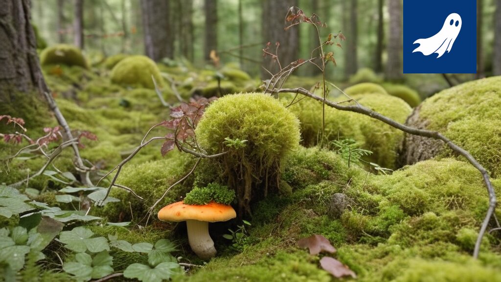 Kuva dronesta, joka kerää sieniä metsästä, symboloiden sieniverkoston ja tekoälyn vaikutusta sienien keräämiseen.