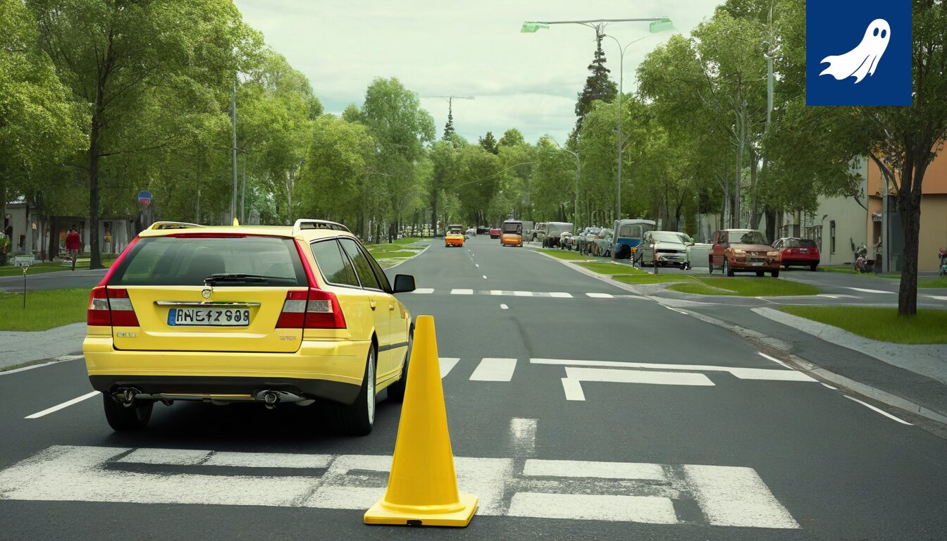 Sarjakuvamainen kuva Vuohenojan remontista, jossa robottipoliisi sakottaa hymyilevää pyöräilijää.