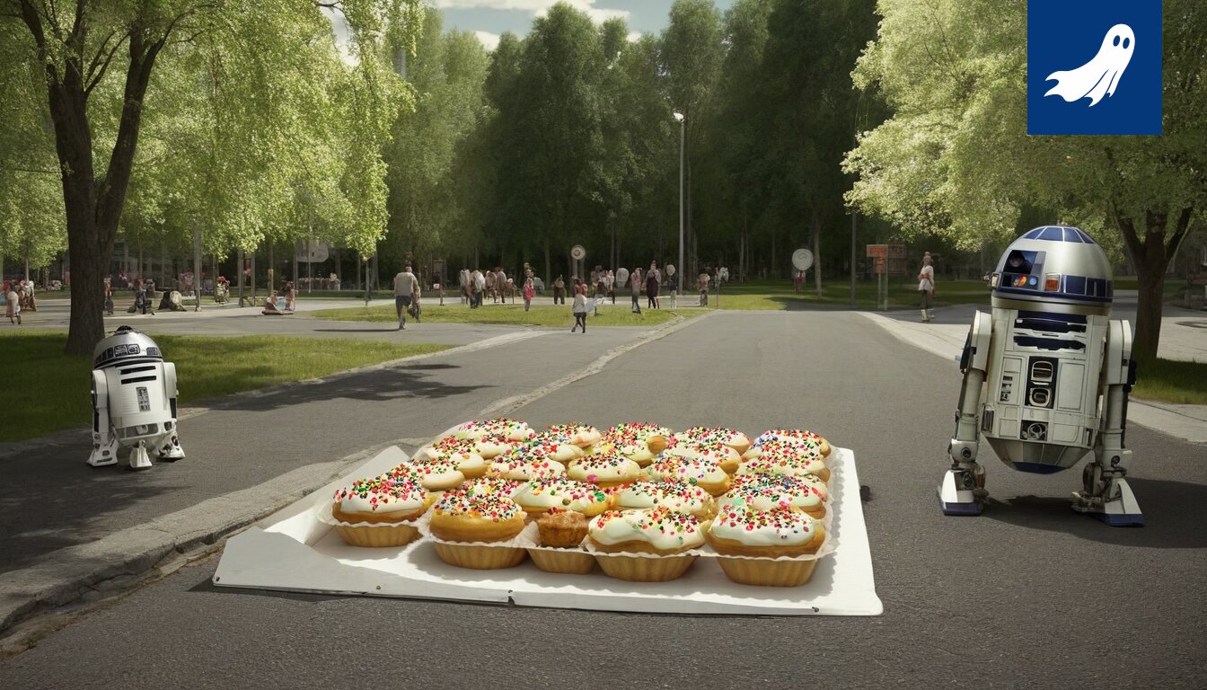 Kuva Tampereen markkinoilta, jossa näkyy runsas valikoima makeita leivonnaisia ja ihmisiä nauttimassa herkuista.