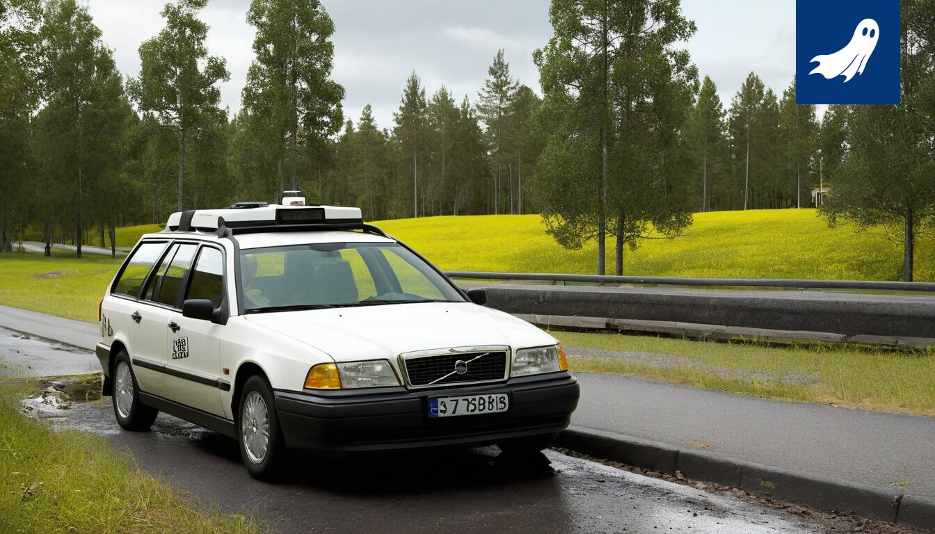 Ojaan ajautunut auto Tampereella, kuvitus satiiriselle uutisartikkelille liikennevalvonnasta ja protestista.